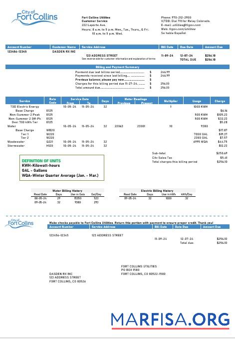 Downloadable USA Colorado Fort Collins Utilities business utility bill template in Word and PDF formats